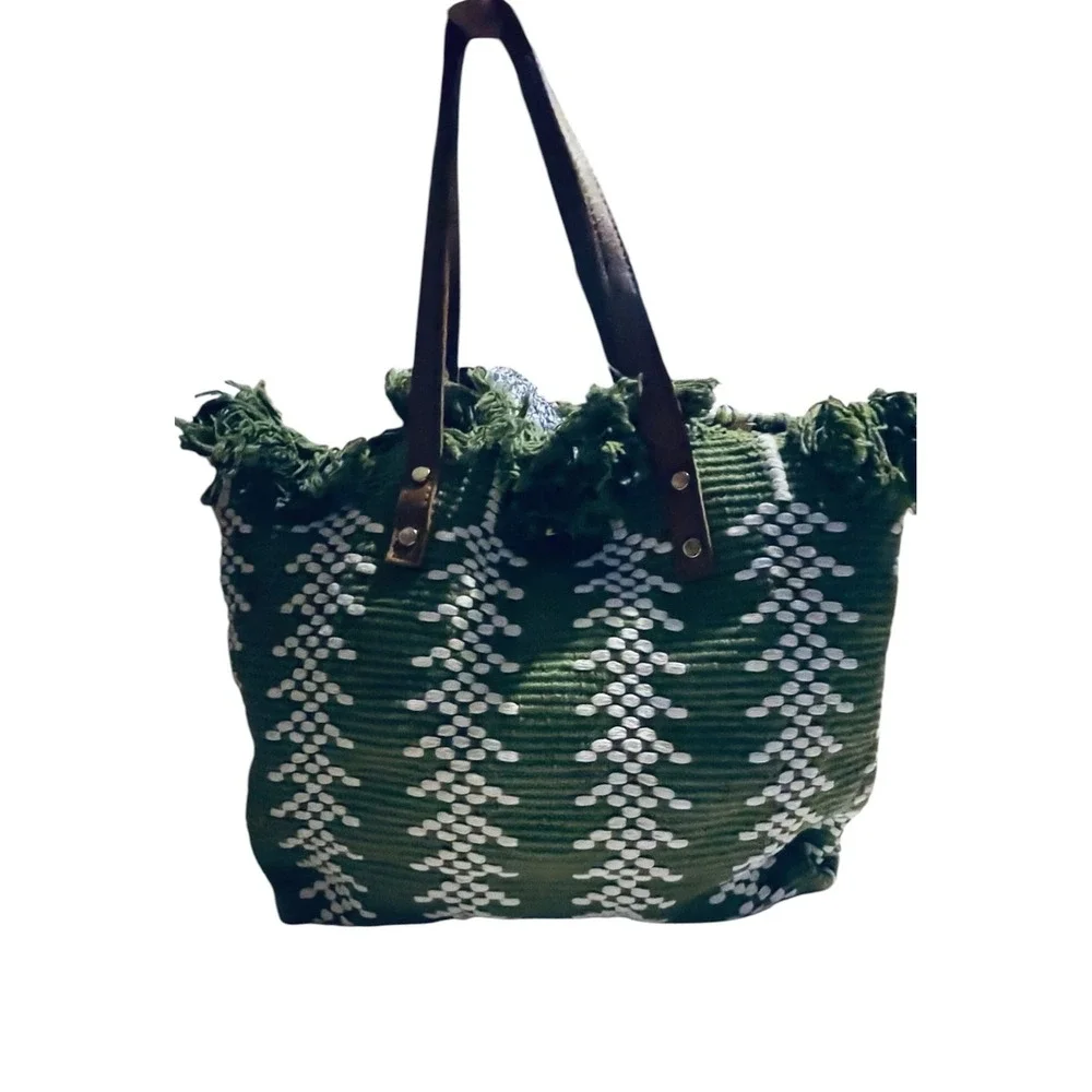 Green‎ White Woven Fringe Tote Bag Boho Knit Shoulder Bag with Leather Straps